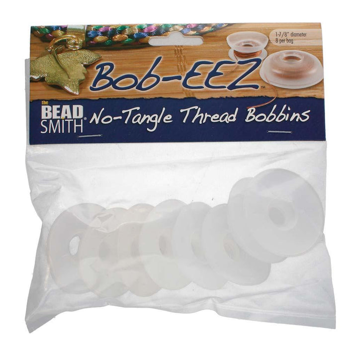 Packaged Bob-EEZ no-tangle thread bobbins in a clear bag with a header card, 8 bobbins per bag