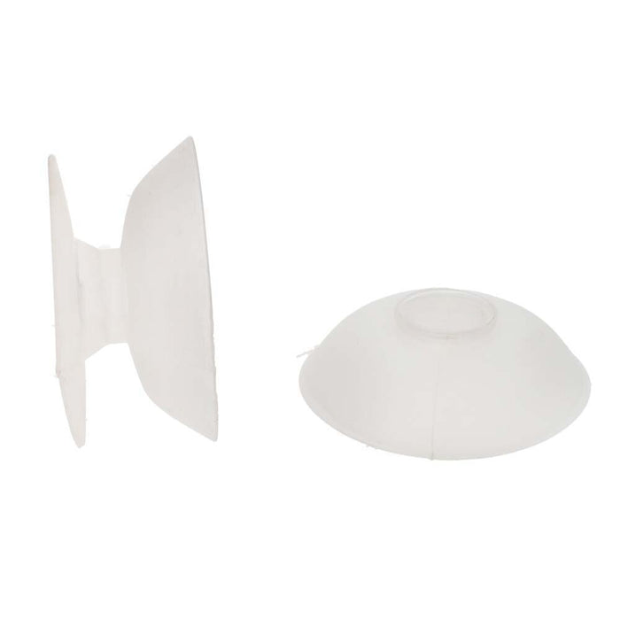 Profile view of one bobbin on its side with the flange standing upright next to a bobbin showing its domed top