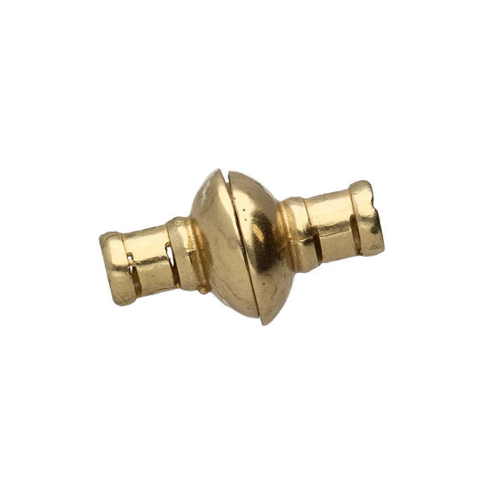 Antiqued brass magnetic quick crimp clasp closed at an angle showing the slotted crimp ends