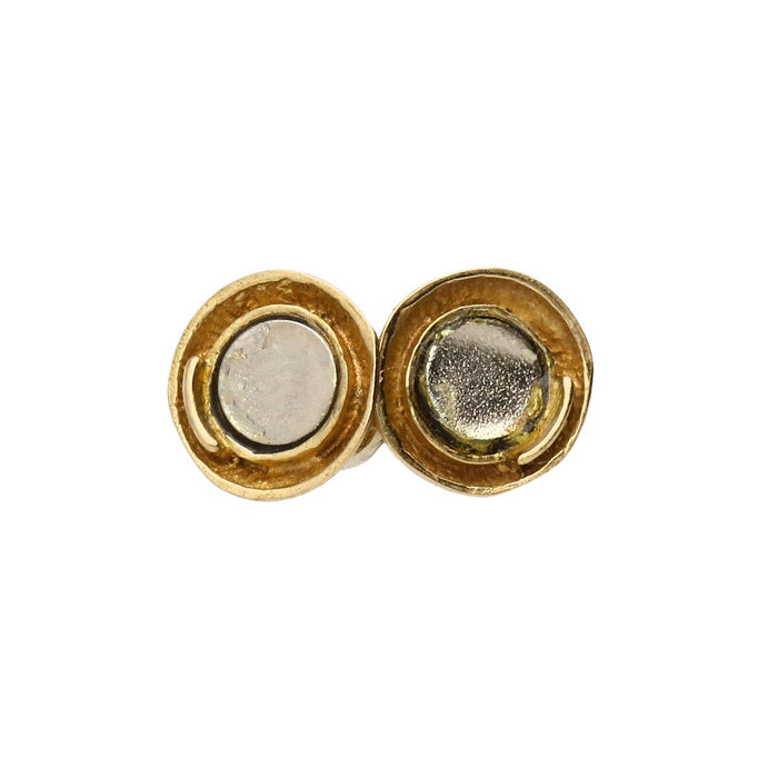 Antiqued brass magnetic quick crimp clasp, two halves face up showing the round magnet faces