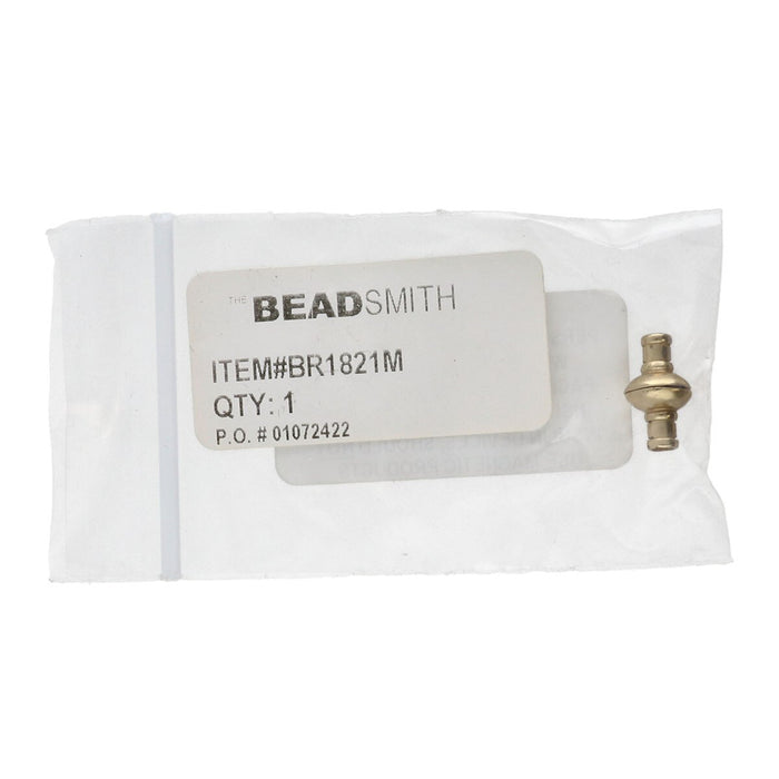 Antiqued brass magnetic quick crimp clasp in a clear bag with a product label