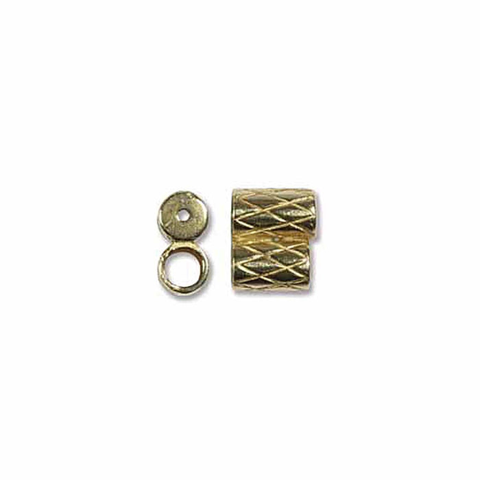 Antiqued brass slide clasp with diamond-pattern tube and separate end piece with ring, shown side by side
