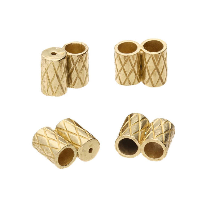 Four brass slide clasps from different angles showing the textured diamond pattern and holes