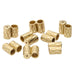 Group of brass slide clasps scattered together, showing the crosshatch texture and open tube ends