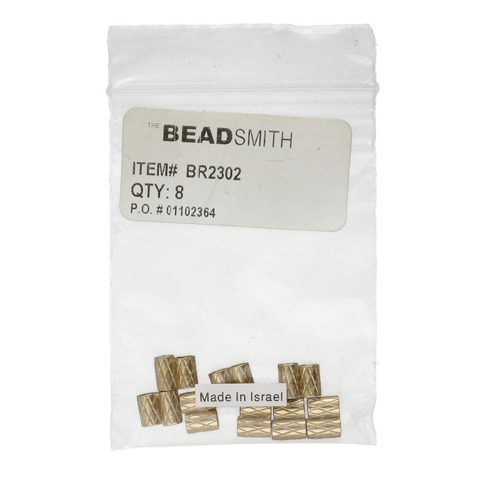Brass slide clasps in a clear zip bag with a Beadsmith label reading item BR2302, quantity 8, made in Israel