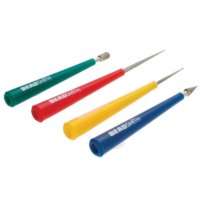 Four diamond bead reamers laid at an angle, showing the green, red, yellow and blue handles and BeadSmith logo