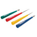 Four diamond bead reamers laid at an angle, showing the green, red, yellow and blue handles and BeadSmith logo