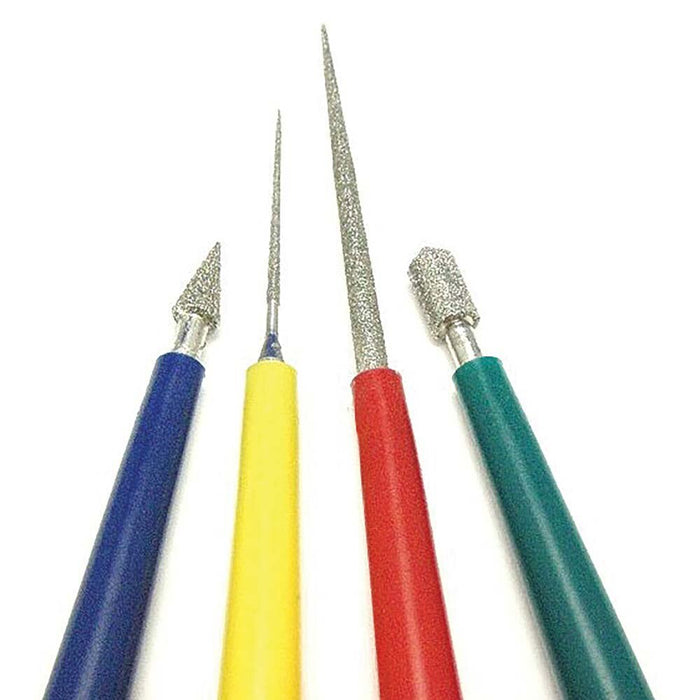 Close-up of the diamond-coated tips on the blue, yellow, red and green bead reamers