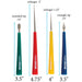 Diamond bead reamer set with labeled tip shapes and sizes: rounded, enlarger and triangle, 3.5 to 4.75 inch lengths