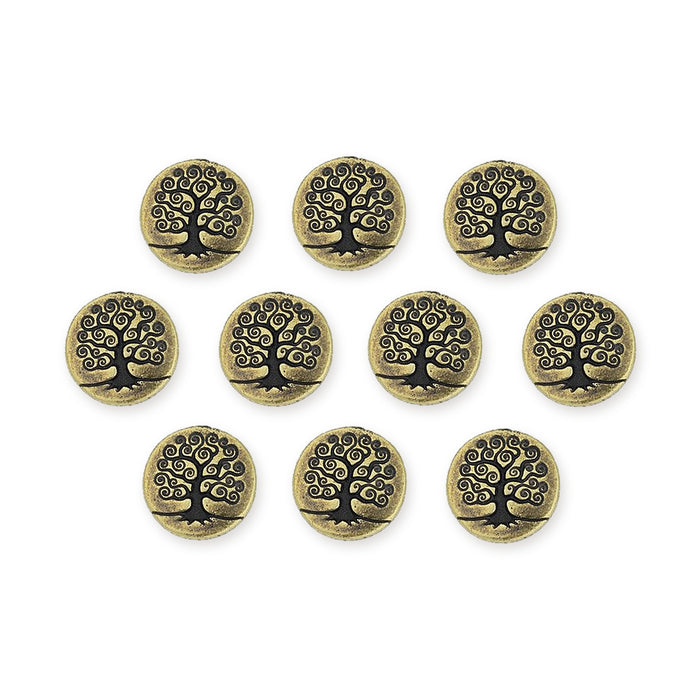 Antiqued brass tree of life buttons, ten round pewter pieces arranged in rows