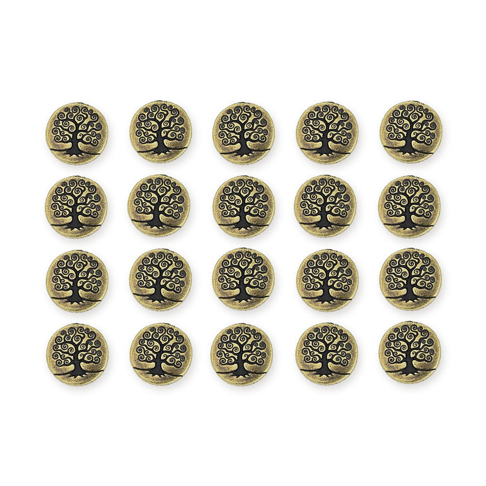 Antiqued brass tree of life buttons arranged in four rows of five on a white background