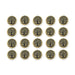 Antiqued brass tree of life buttons arranged in four rows of five on a white background