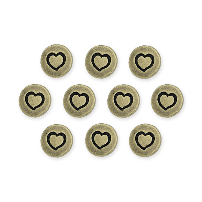 Antiqued brass small heart buttons, ten round buttons with a heart design arranged in rows