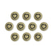Antiqued brass small heart buttons, ten round buttons with a heart design arranged in rows