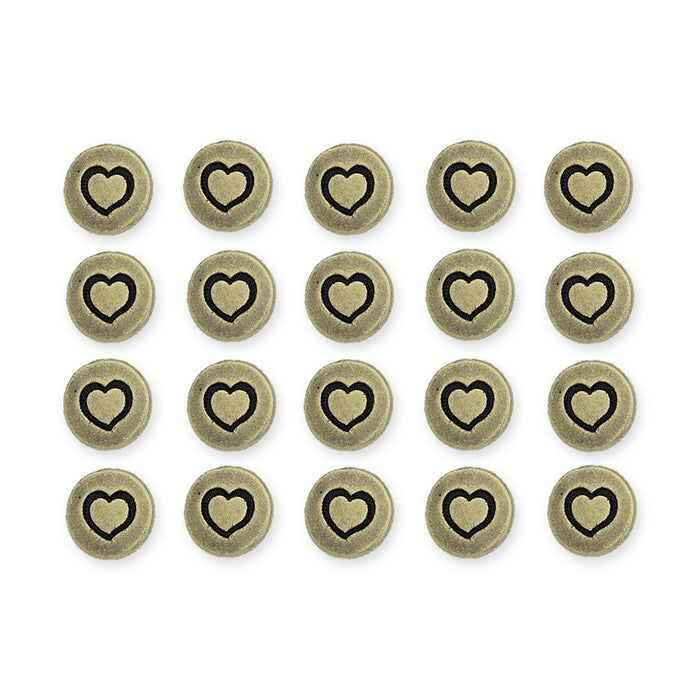 Antiqued brass small heart buttons arranged in four rows of five on a white background