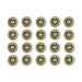 Antiqued brass small heart buttons arranged in four rows of five on a white background