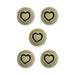 Antiqued brass small heart buttons, five round pewter buttons with a black heart design arranged on white