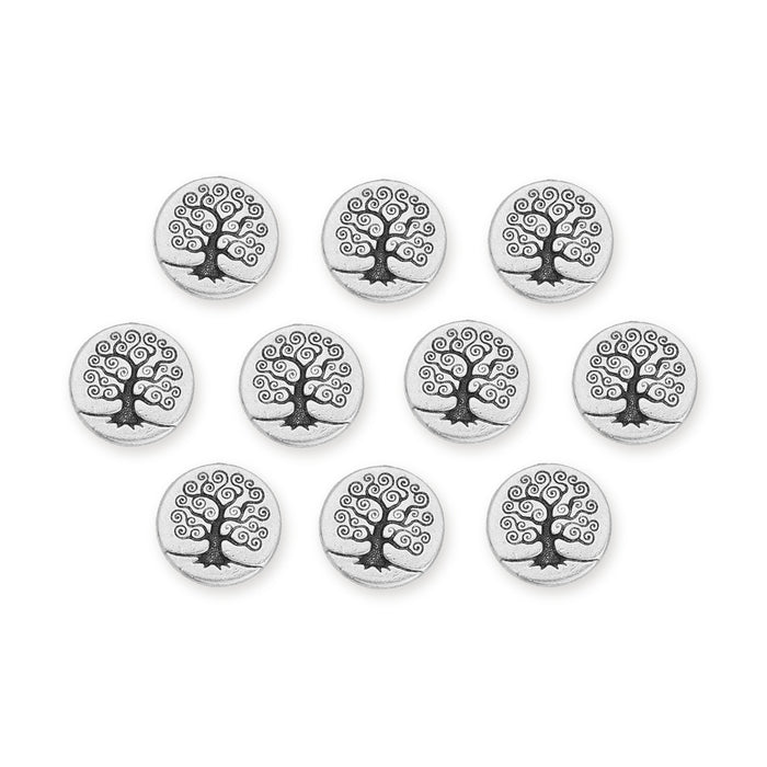 Antiqued silver Tree of Life buttons, ten round pewter buttons arranged in rows