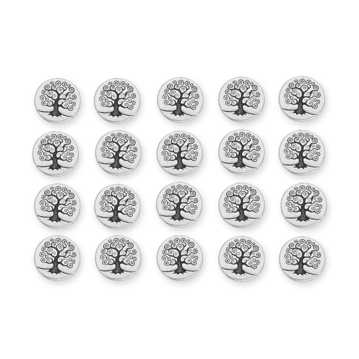 Antiqued silver tree of life buttons arranged in four rows of five, showing the round pewter fronts