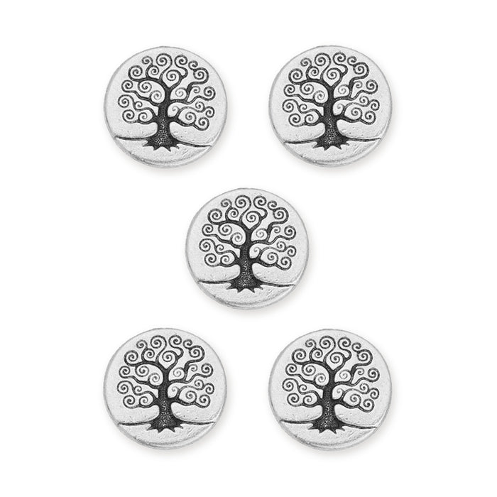 Five antiqued silver Tree of Life buttons with swirling branches arranged in a group on white