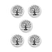 Five antiqued silver Tree of Life buttons with swirling branches arranged in a group on white