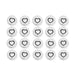 Antiqued silver small heart buttons, 20 round pewter pieces with an outlined heart, arranged in a grid of four rows