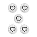 Antiqued silver small heart buttons, five round pewter buttons with a stamped heart, laid out in a group