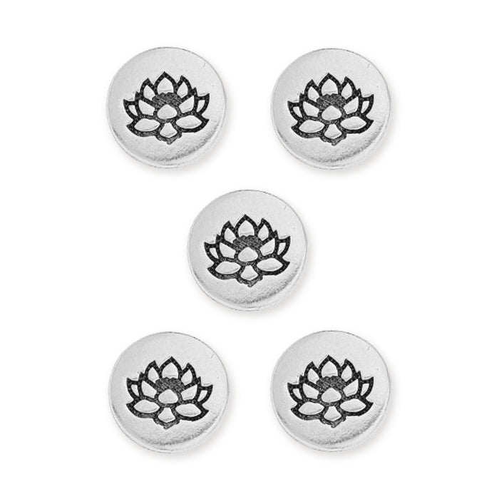 Antiqued silver small lotus buttons, five round pewter buttons shown front-facing on white
