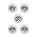 Antiqued silver small lotus buttons, five round pewter buttons shown front-facing on white