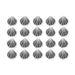 Antiqued silver scallop shell buttons arranged in four rows of five on a white background