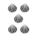 Antiqued silver scallop shell buttons, five pewter buttons arranged in a group on white