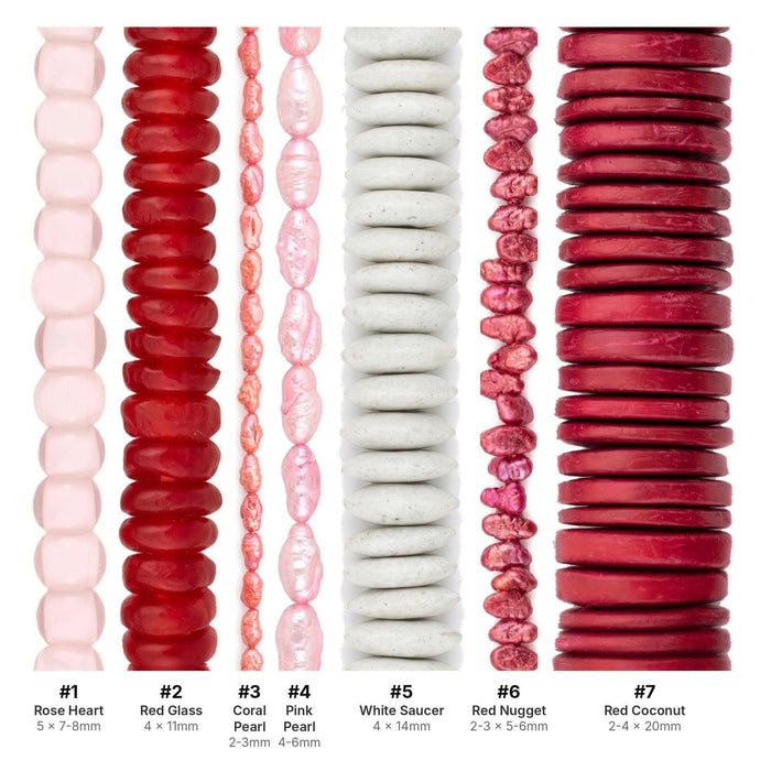 What's included, strands numbered 1-7: Valentine's Bead Set: Red, Pink & White