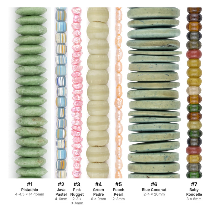 What's included, strands numbered 1-7: Spring Bead Set: Pistachio, Baby Pink & Sky Blue