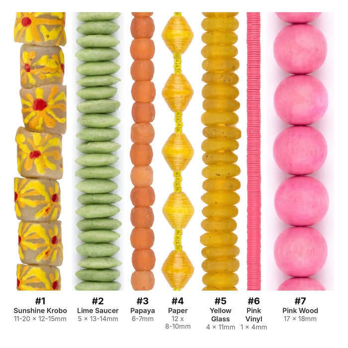 What's included, strands numbered 1-7: Summer Bead Set: Sunshine, Lime & Neon Pink