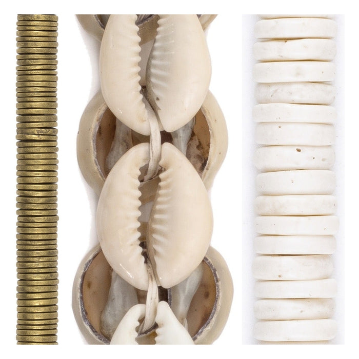Cowrie Shell Bead Set: Brass Heishi & White Bone (3 Strands, 3-15mm)