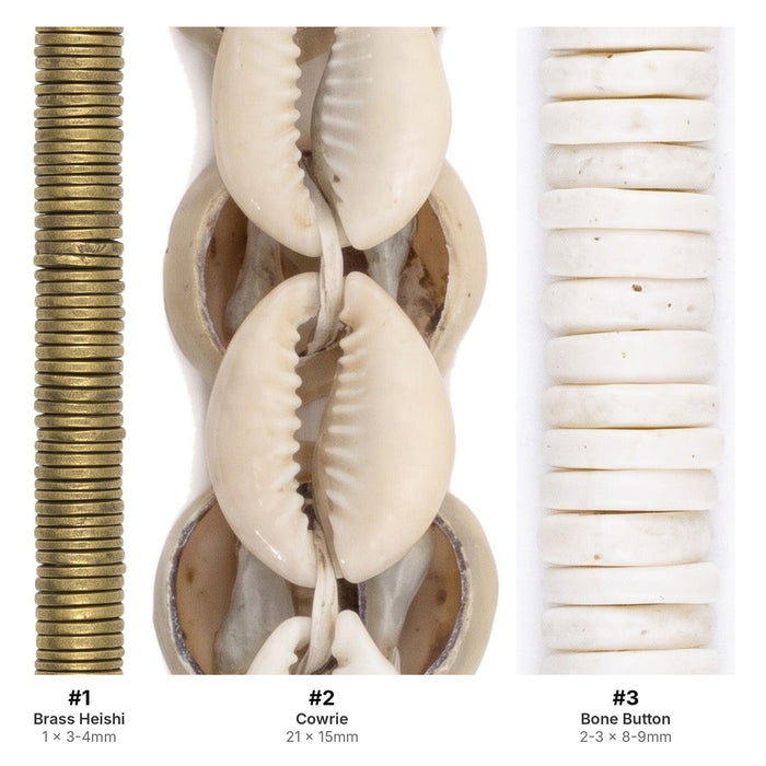 What's included, strands numbered 1-3: Cowrie Shell Bead Set: Brass Heishi & White Bone