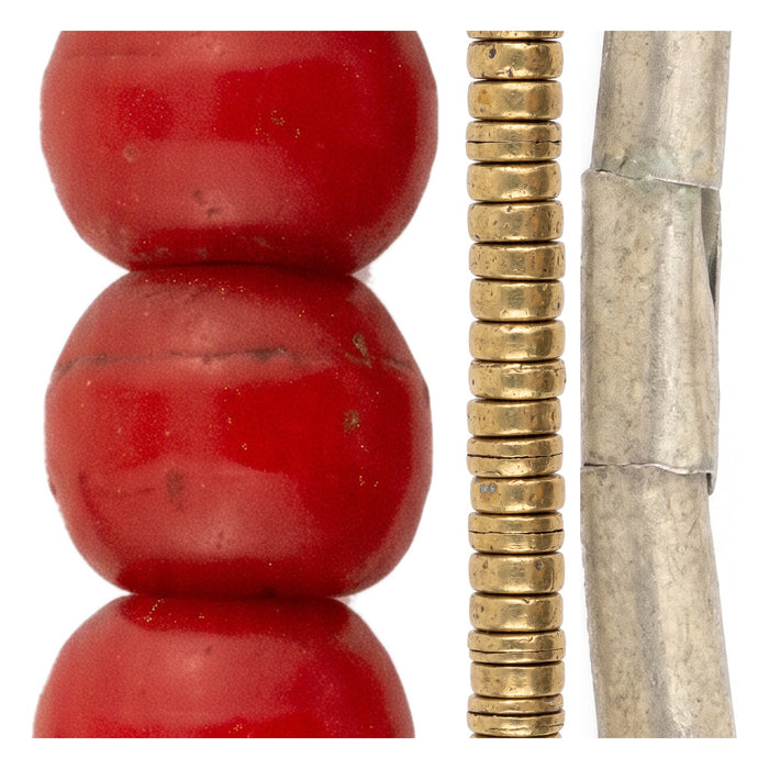 Ethiopian Bead Set: Vermilion Padre, Brass Heishi & Silver Tube (3 Strands, 2-8mm)