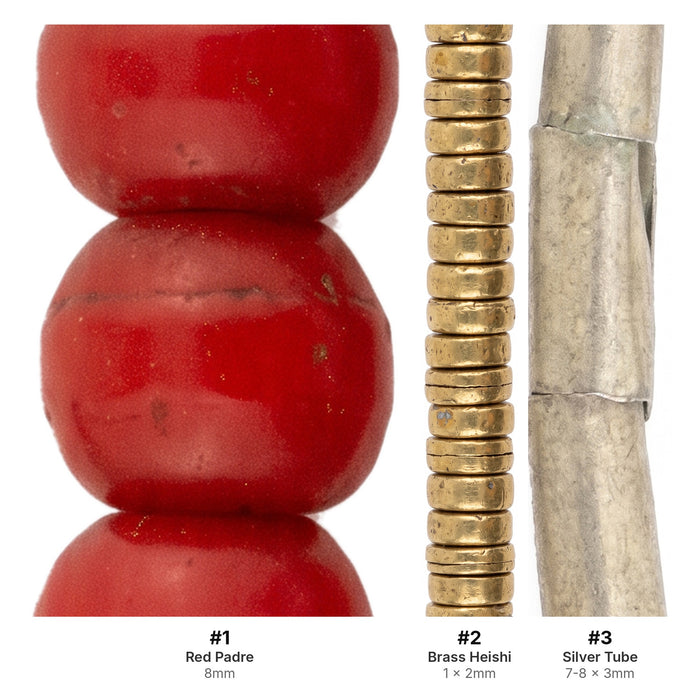 What's included, strands numbered 1-3: Ethiopian Bead Set: Vermilion Padre, Brass Heishi & Silver Tube