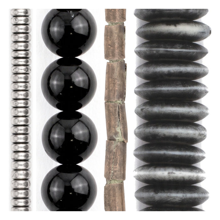 Black & Silver Bead Set: Onyx, Himalayan Bone & Silver Heishi (4 Strands, 3-10mm)