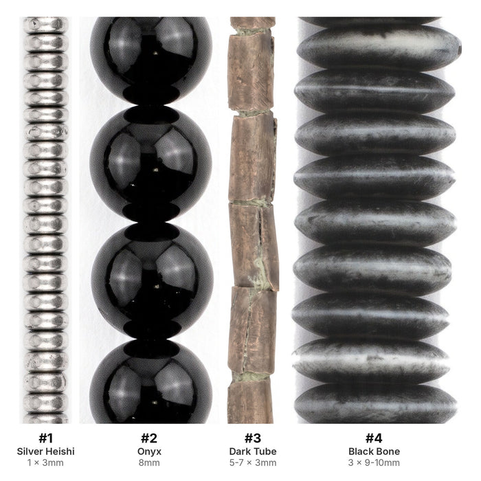 What's included, strands numbered 1-4: Black & Silver Bead Set: Onyx, Himalayan Bone & Silver Heishi