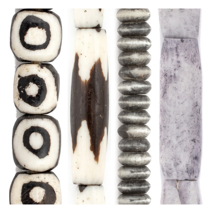 Bone Bead Set: Batik Eye, Zig-Zag & Washed Grey (4 Strands, 6-10mm)