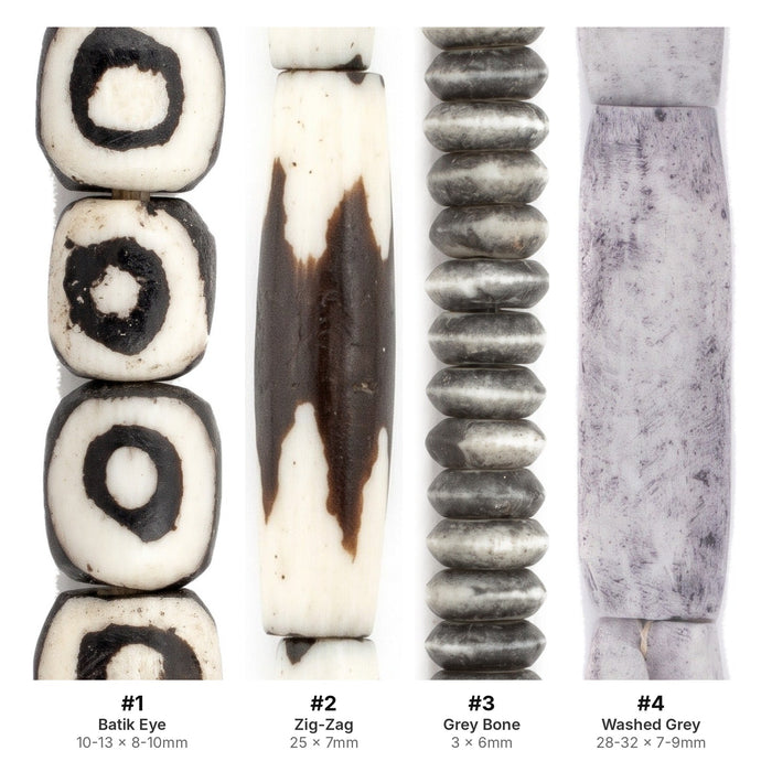 What's included, strands numbered 1-4: Bone Bead Set: Batik Eye, Zig-Zag & Washed Grey