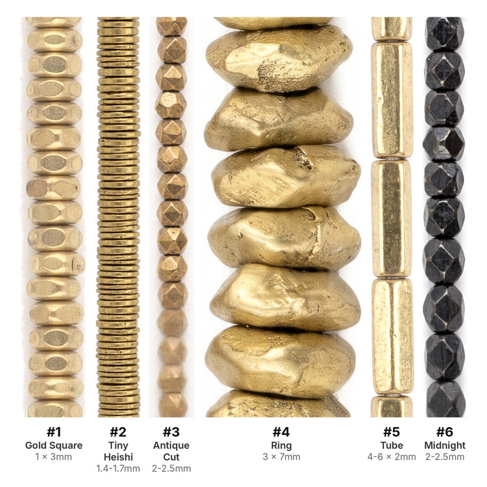 What's included, strands numbered 1-6: Brass Spacer Bead Set: Gold Heishi, Ring & Diamond-Cut
