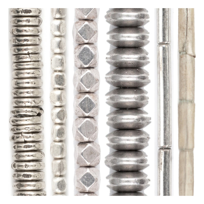 Silver Spacer Bead Set: Heishi, Cube & Saucer (6 Strands, 1.5-5mm)