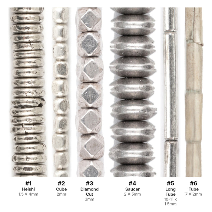 What's included, strands numbered 1-6: Silver Spacer Bead Set: Heishi, Cube & Saucer