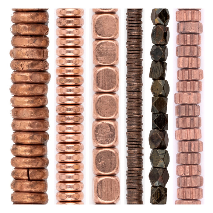 Copper Spacer Bead Set: Heishi, Cube & Gear (6 Strands, 2-4mm)