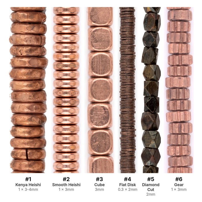 What's included, strands numbered 1-6: Copper Spacer Bead Set: Heishi, Cube & Gear