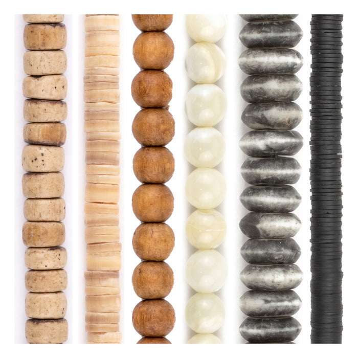 Natural Spacer Bead Set: Coconut, Shell & Sandalwood (6 Strands, 3-6mm)