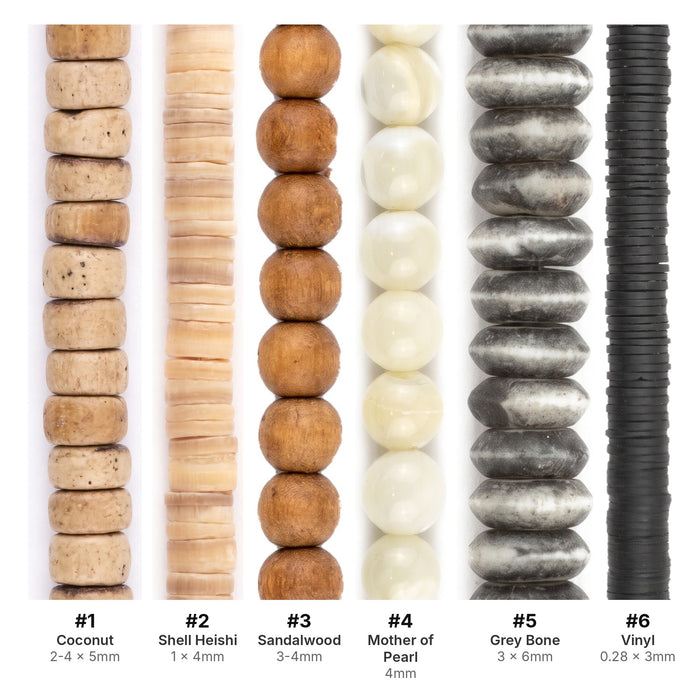 What's included, strands numbered 1-6: Natural Spacer Bead Set: Coconut, Shell & Sandalwood