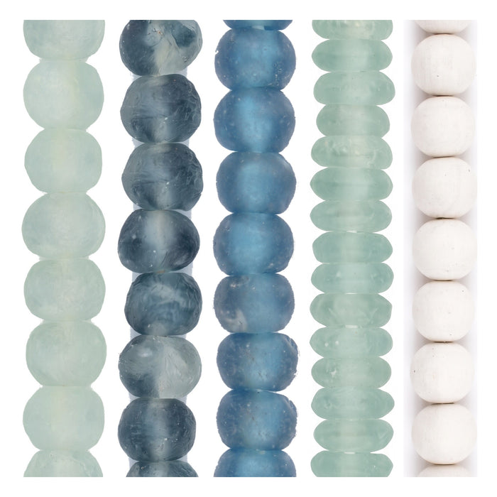 Jumbo recycled glass bead set in coastal blue, five strands shown side by side in aqua, blue and white